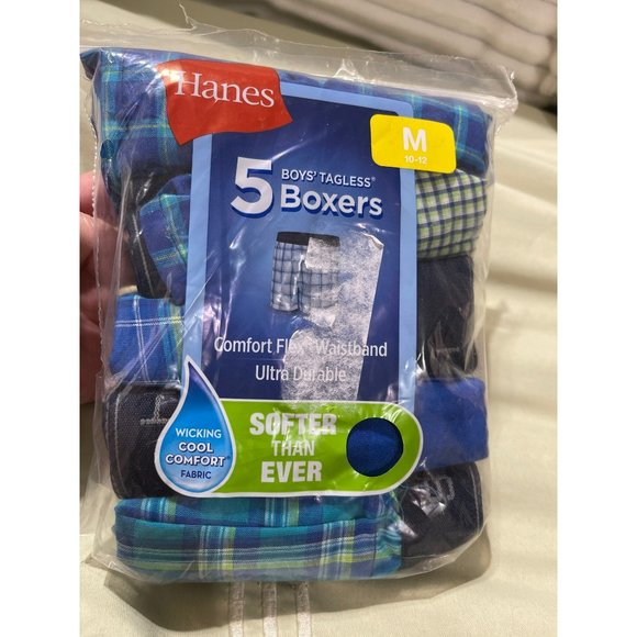 Hanes Boys Plaid Tagless Boxers 5-Pack, Green & Blue - Medium - Picture 1 of 6
